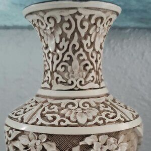 1982 Chinese Carved RESIN White Cinnabar Vase 8" IVORY DYNASTY